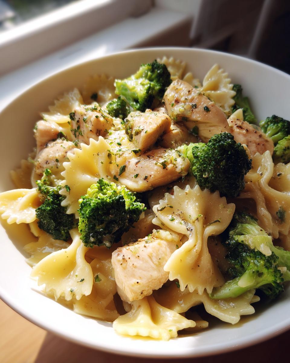 Close-up of cowboy butter lemon bowtie chicken with broccoli tossed in a creamy sauce in a white bowl.