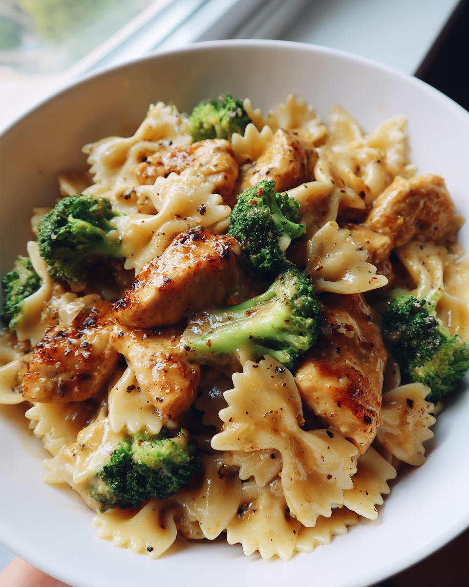 A close-up of cowboy butter lemon bowtie chicken with broccoli tossed in a creamy sauce in a white bowl.