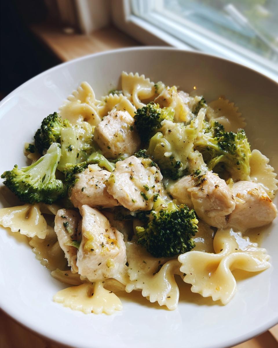 A close-up bowl of cowboy butter lemon bowtie chicken with broccoli coated in a creamy sauce.