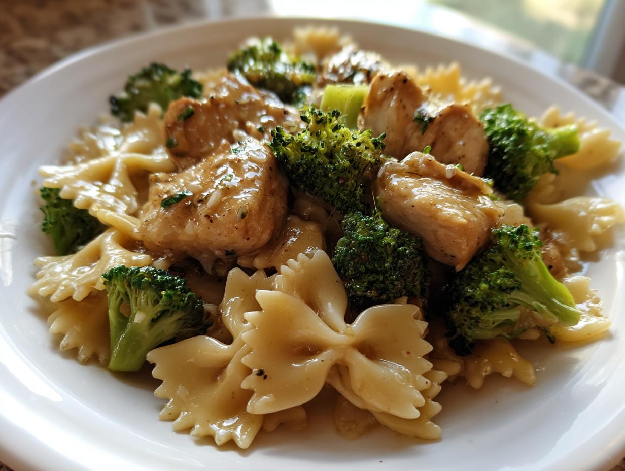 A close-up of cowboy butter lemon bowtie chicken with broccoli served on a white plate.