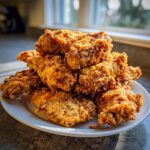 A large pile of golden brown, crispy Cracker Barrel Chicken Tenders stacked high on a white plate.