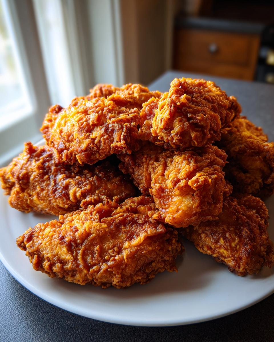 A pile of perfectly golden brown, crispy Cracker Barrel Chicken Tenders stacked on a white plate.