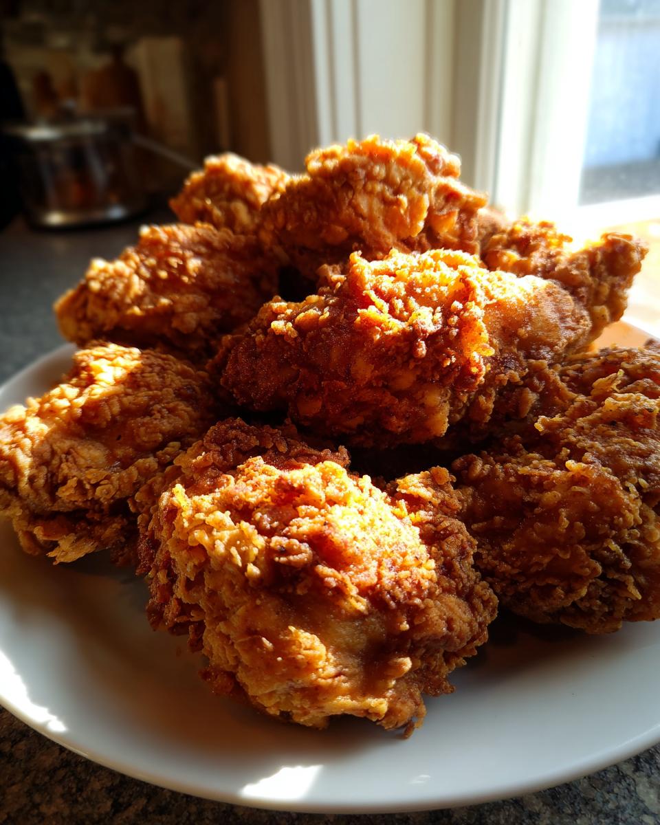 A pile of crispy, golden-brown Cracker Barrel chicken tenders stacked high on a white plate, backlit by sunlight.