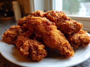 A pile of crispy, golden brown Cracker Barrel Chicken Tenders served on a white plate near a window.