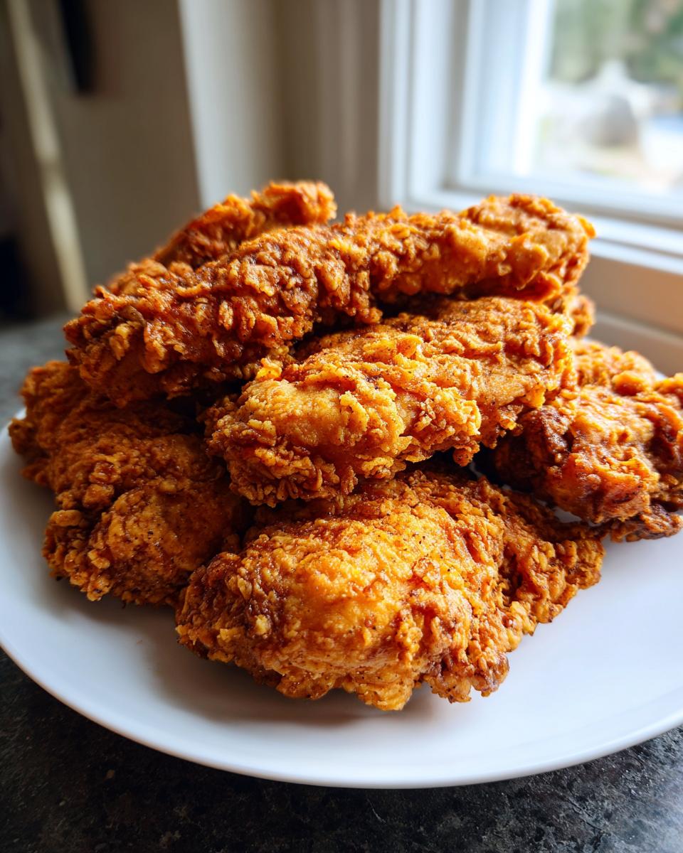 A close-up of a pile of golden-brown, crispy Cracker Barrel Chicken Tenders stacked on a white plate.