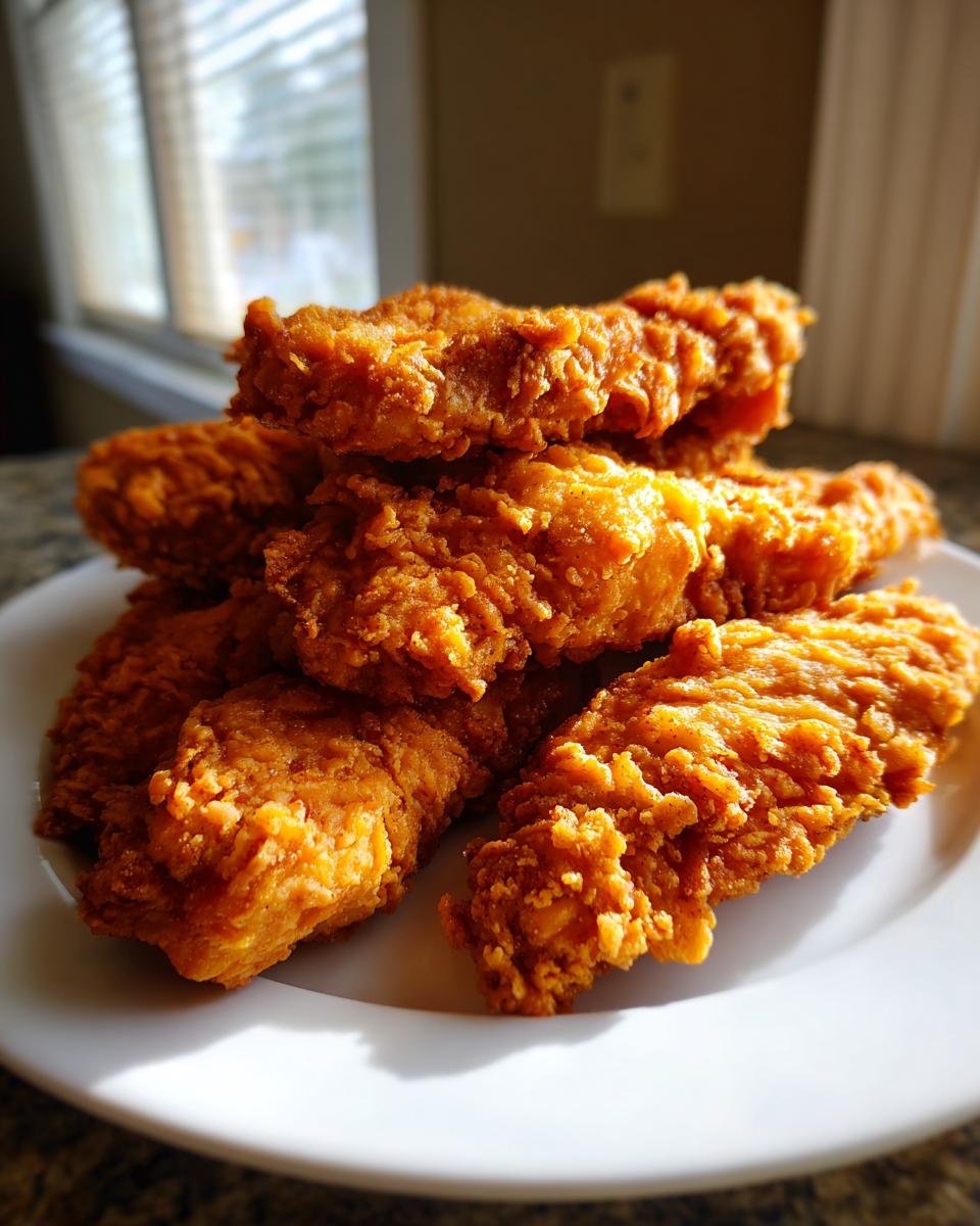 A close-up stack of crispy, golden brown Cracker Barrel Chicken Tenders piled high on a white plate.