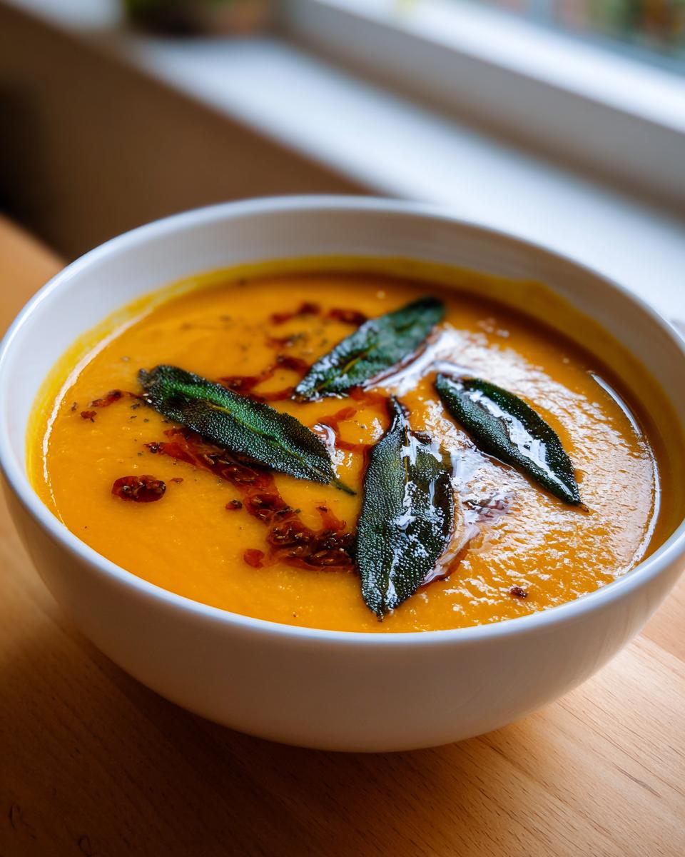 A close-up of vibrant orange acorn squash soup in a white bowl, topped with crispy sage leaves and brown butter.