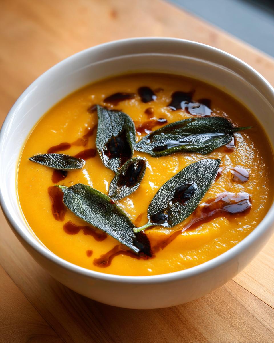 Close-up of vibrant orange acorn squash soup topped with crispy sage leaves and brown butter drizzle.