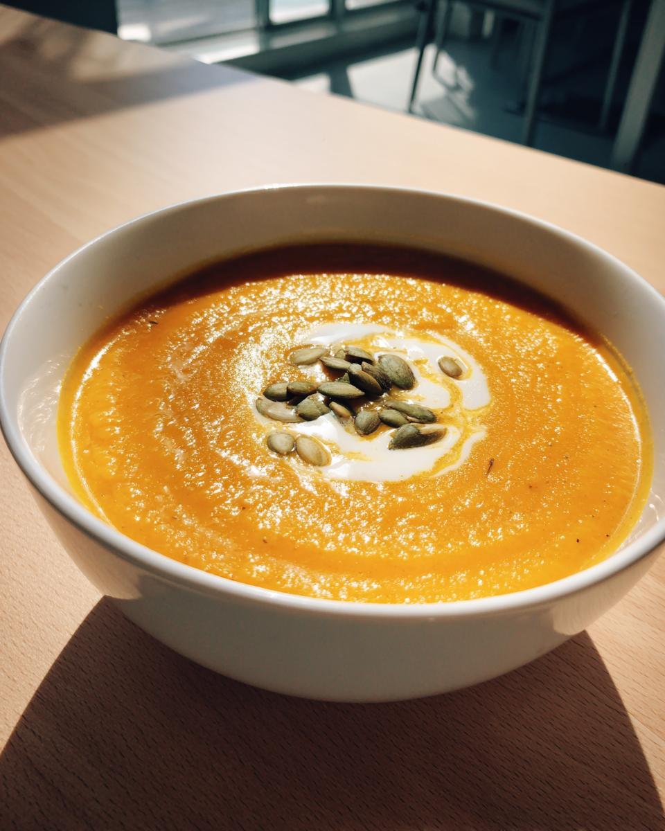 A close-up of a bowl of vibrant orange autumn squash soup, garnished with a swirl of cream and toasted pumpkin seeds.