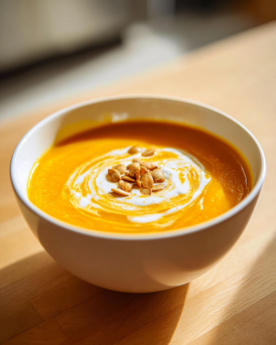 A close-up of a bowl of vibrant orange autumn squash soup, swirled with cream and topped with toasted pumpkin seeds.
