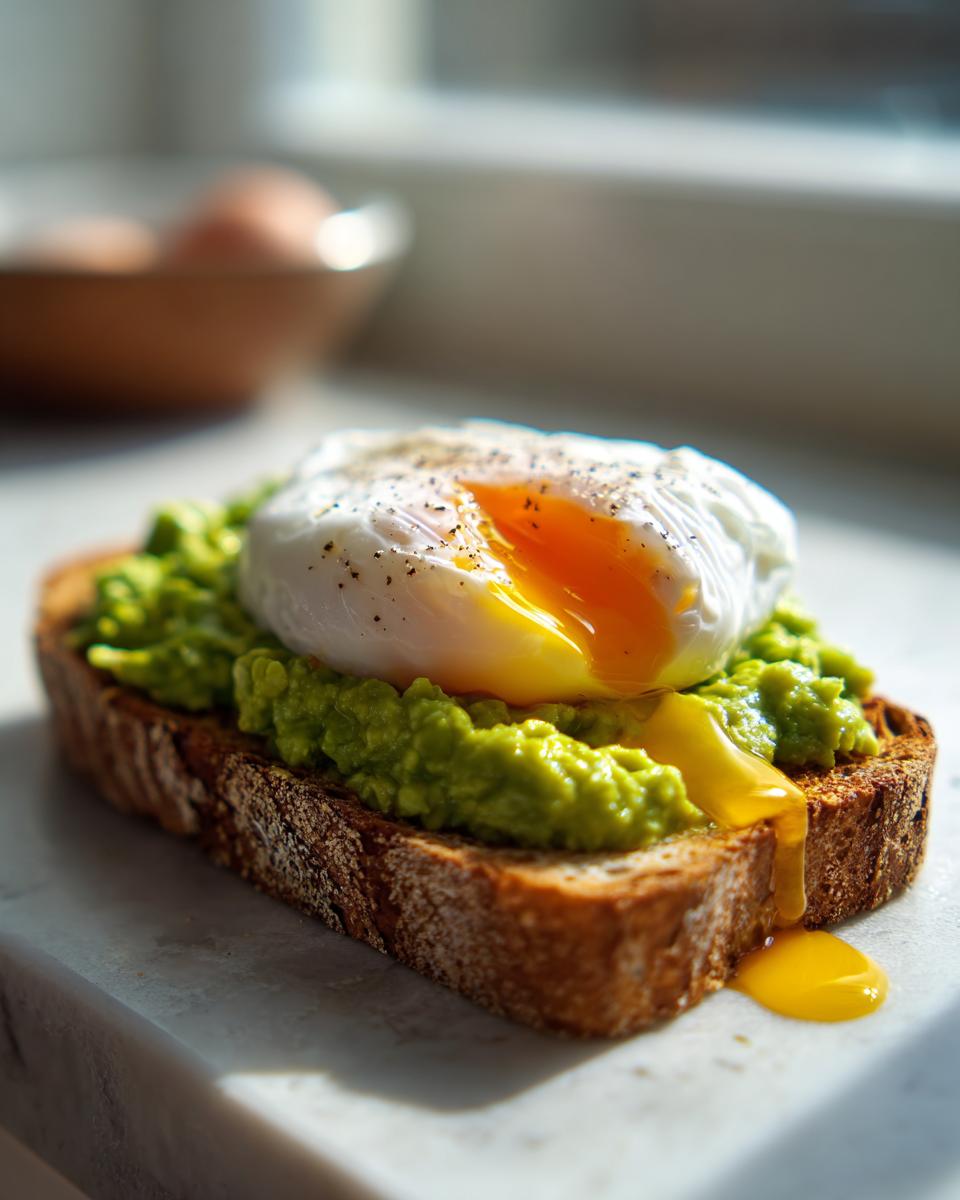Close-up of creamy avocado toast topped with a perfectly poached egg, featuring runny yolk dripping down the side.