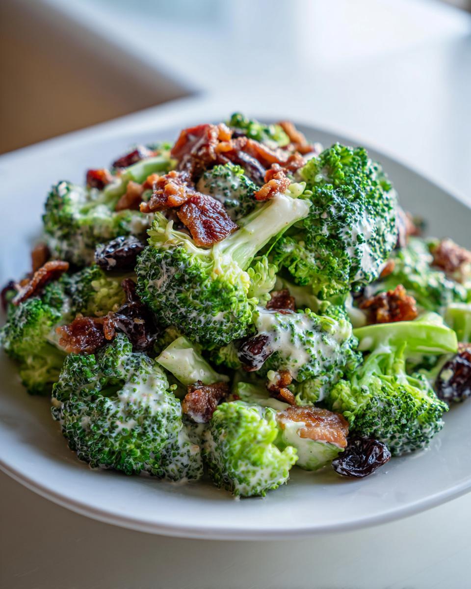 A close-up of a fresh, creamy broccoli salad mixed with bacon bits and dried cranberries.