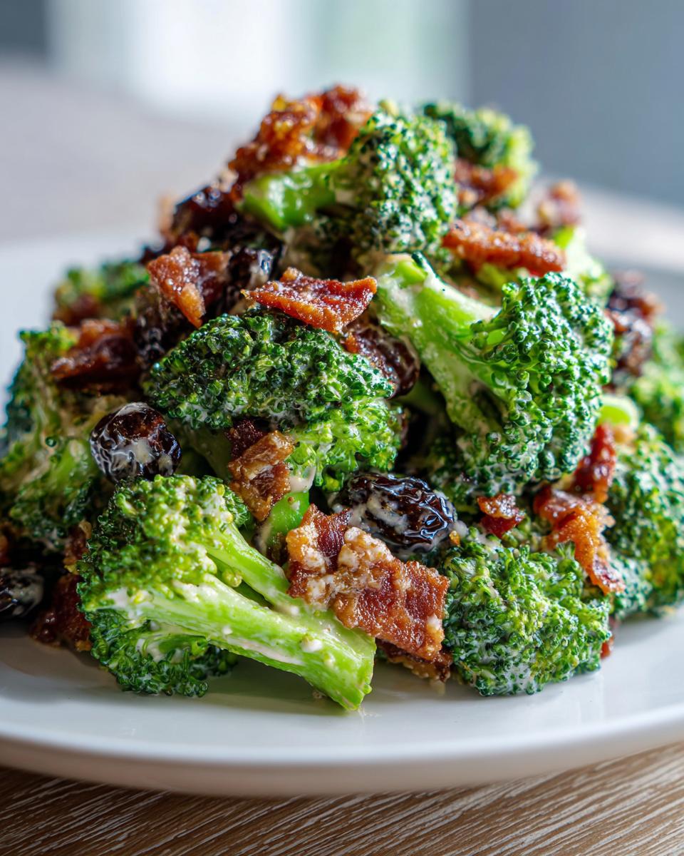 A close-up of a mound of creamy broccoli salad mixed with crispy bacon pieces and dark raisins.