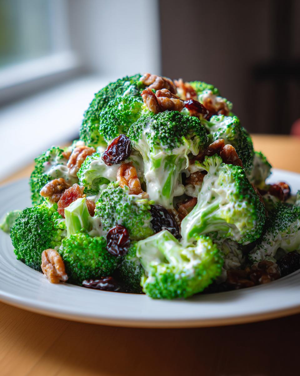A mound of fresh broccoli salad coated in creamy dressing, mixed with walnuts and dried cranberries or raisins.