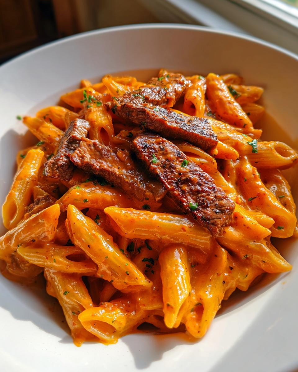 A close-up shot of creamy cajun steak penne pasta coated in a rich orange sauce, topped with sliced steak.