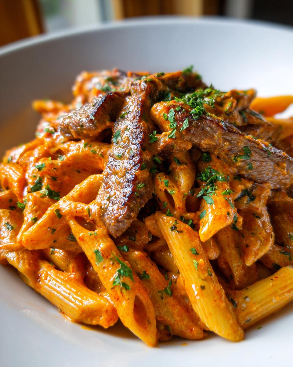 A close-up of creamy cajun steak penne pasta coated in a rich, orange sauce and topped with sliced steak and parsley.