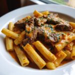 A close-up, appetizing shot of creamy cajun steak penne pasta tossed in a rich, orange sauce and garnished with fresh parsley.