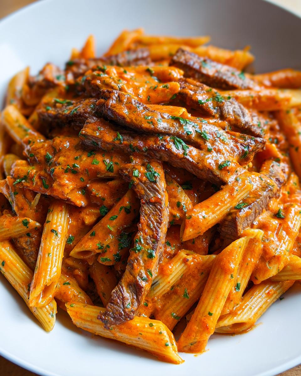 A close-up shot of creamy cajun steak penne pasta tossed in a rich orange sauce and topped with sliced steak and parsley.