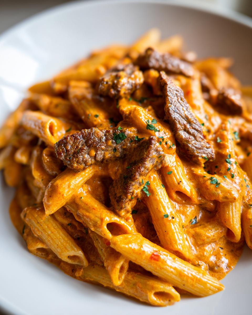 Close-up of creamy cajun steak penne pasta coated in a rich, orange-hued sauce, topped with sliced steak pieces.