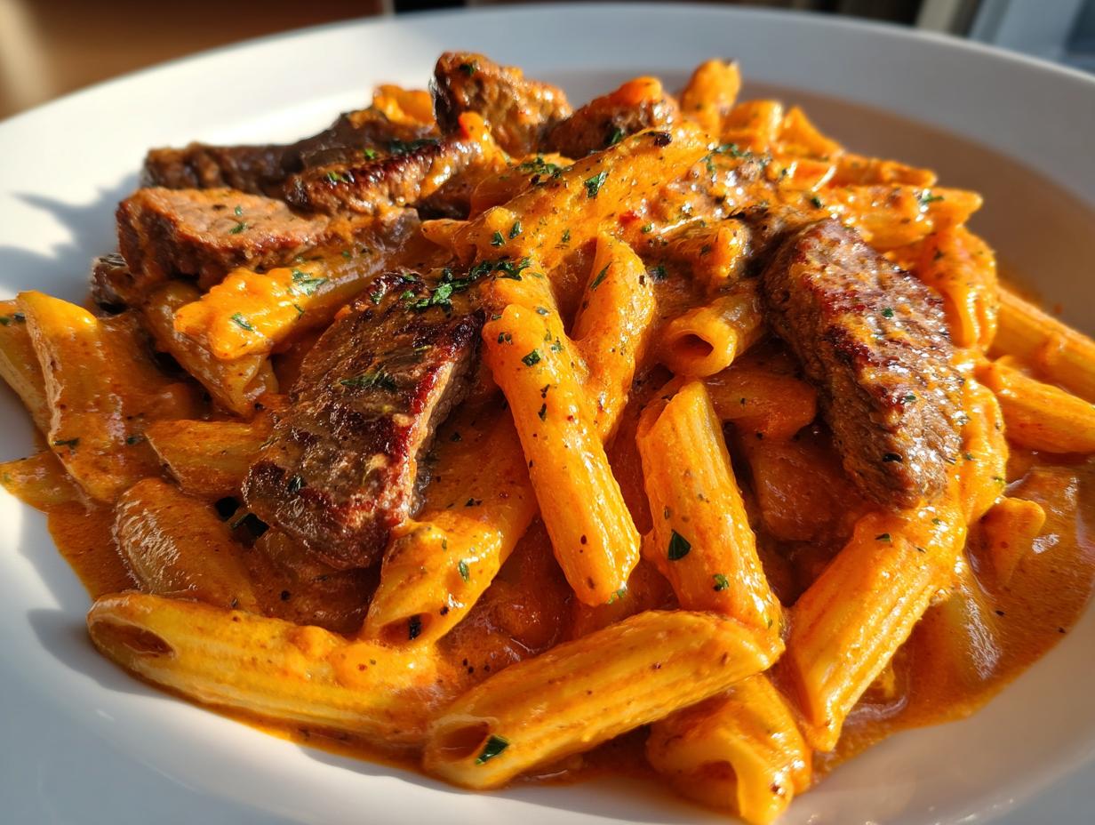 A close-up serving of creamy cajun steak penne pasta coated in a rich orange sauce and topped with sliced steak.