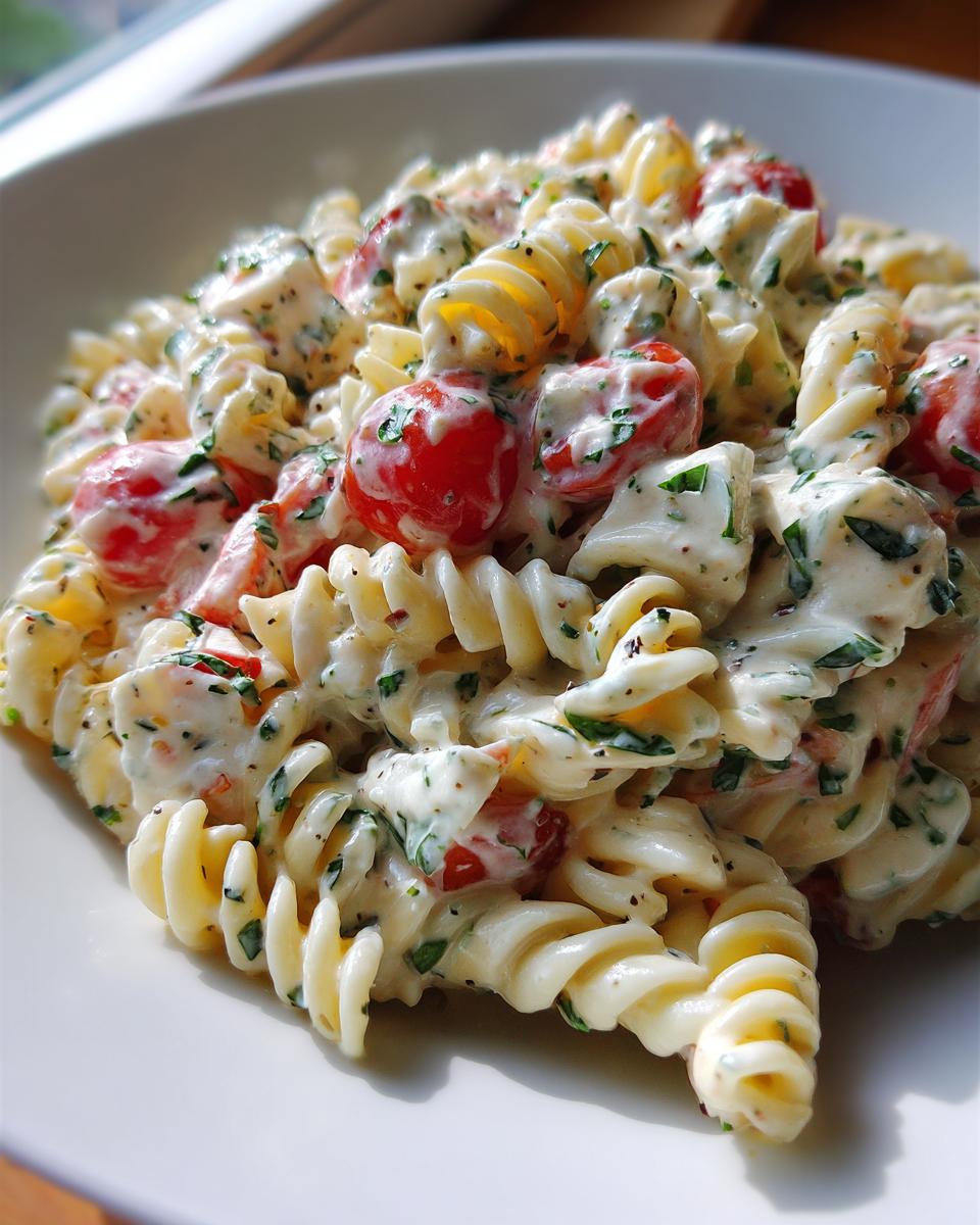 A close-up shot of creamy caprese pasta salad featuring fusilli pasta, cherry tomatoes, and a rich, herbed white dressing.