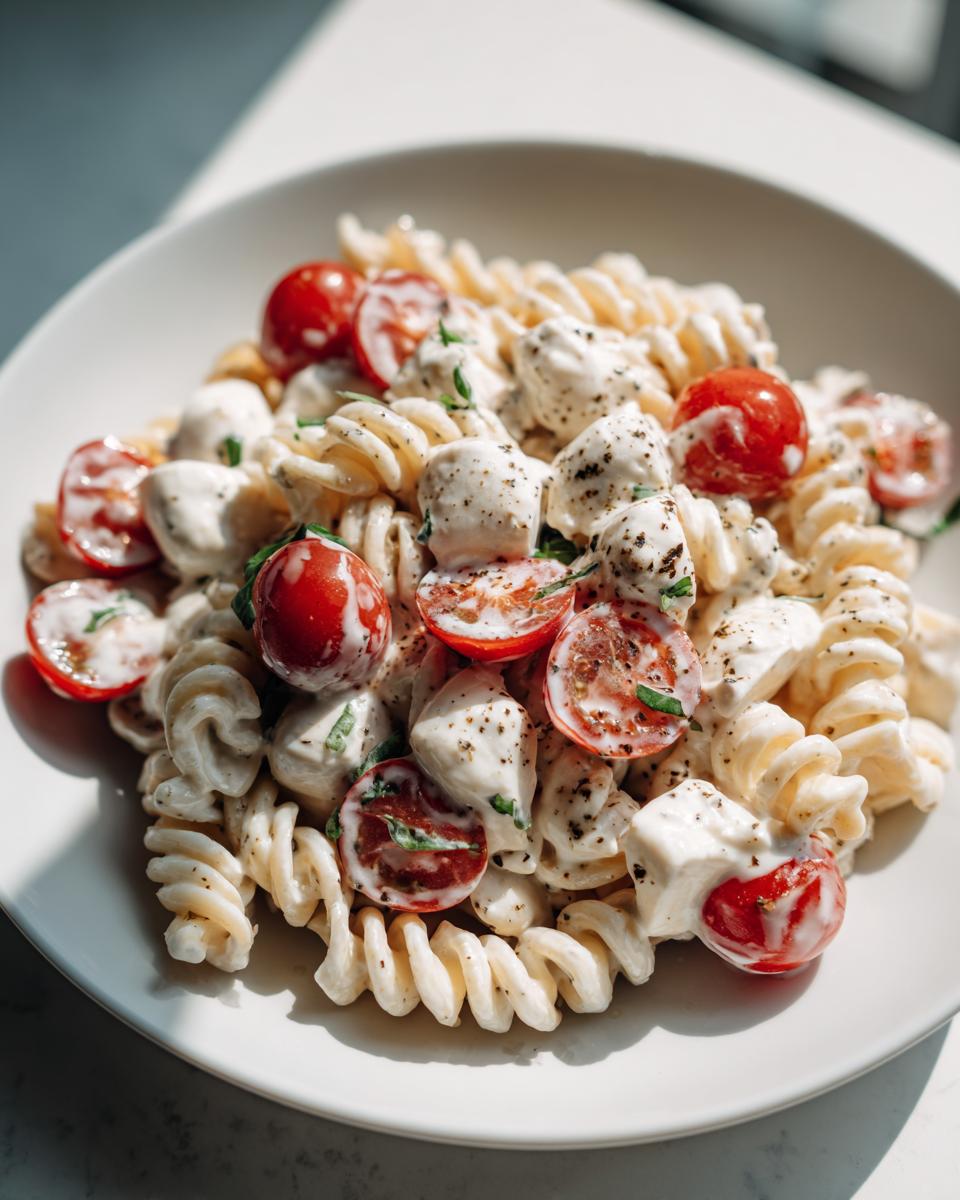 A close-up view of creamy caprese pasta salad featuring fusilli pasta, cherry tomatoes, and fresh mozzarella balls coated in a white sauce.