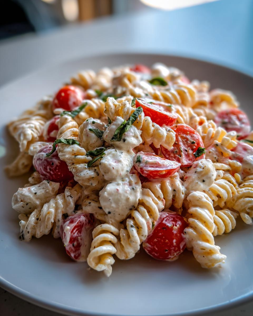A close-up shot of creamy caprese pasta salad featuring fusilli pasta, halved cherry tomatoes, mozzarella balls, and basil.