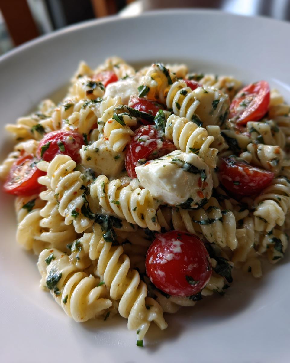 A close-up view of creamy caprese pasta salad featuring rotini pasta, cherry tomatoes, mozzarella balls, and fresh herbs.