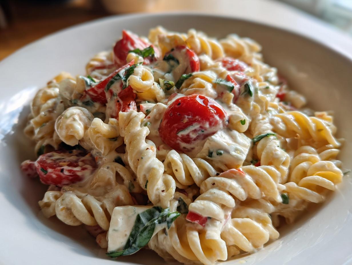 A close-up view of creamy caprese pasta salad featuring fusilli pasta, cherry tomatoes, mozzarella, and basil in a white bowl.