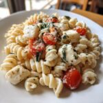 A close-up of creamy caprese pasta salad featuring fusilli pasta, mozzarella balls, halved cherry tomatoes, and basil in a creamy sauce.