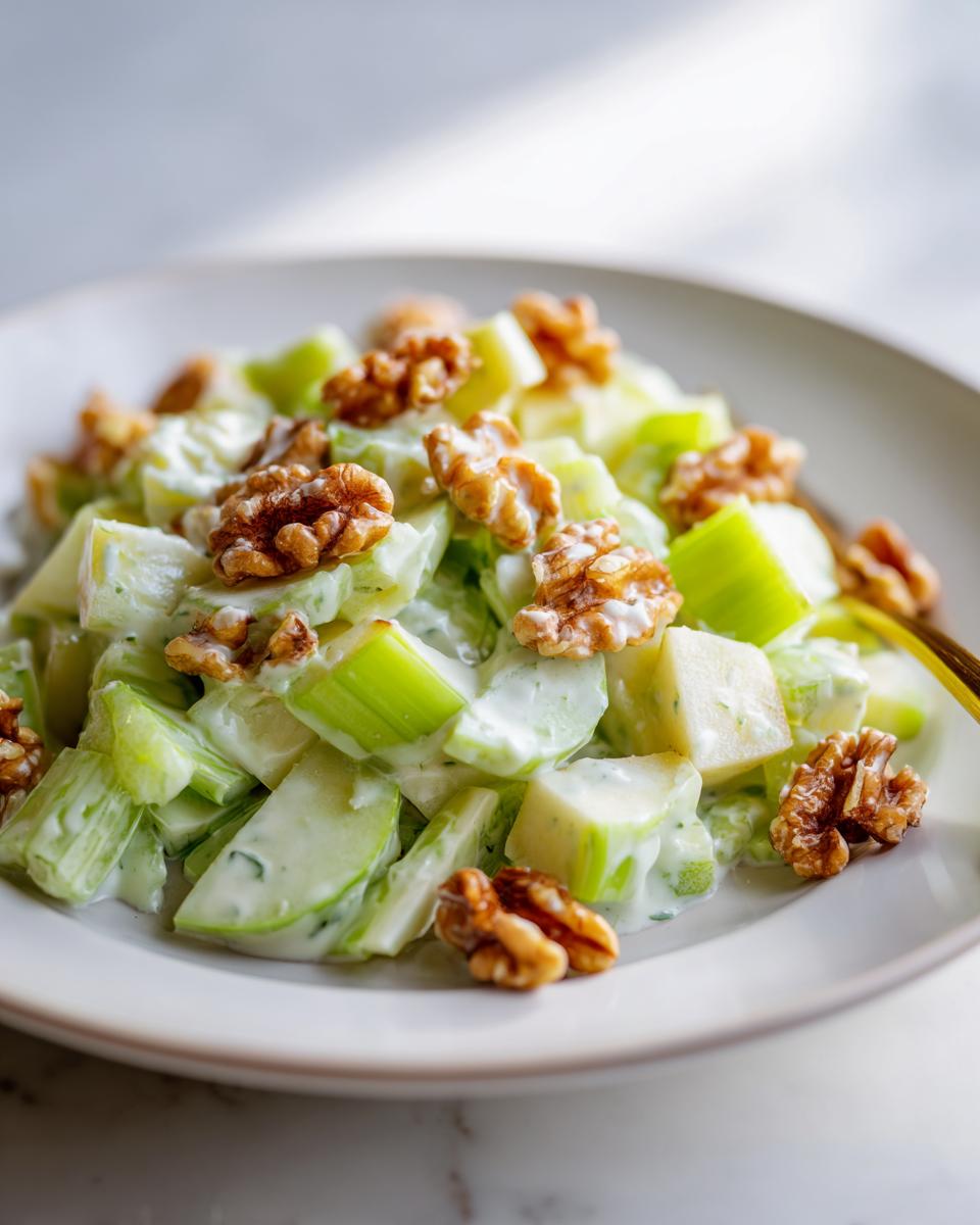 Close-up of a creamy celery salad mixed with a light dressing and topped with whole walnuts.