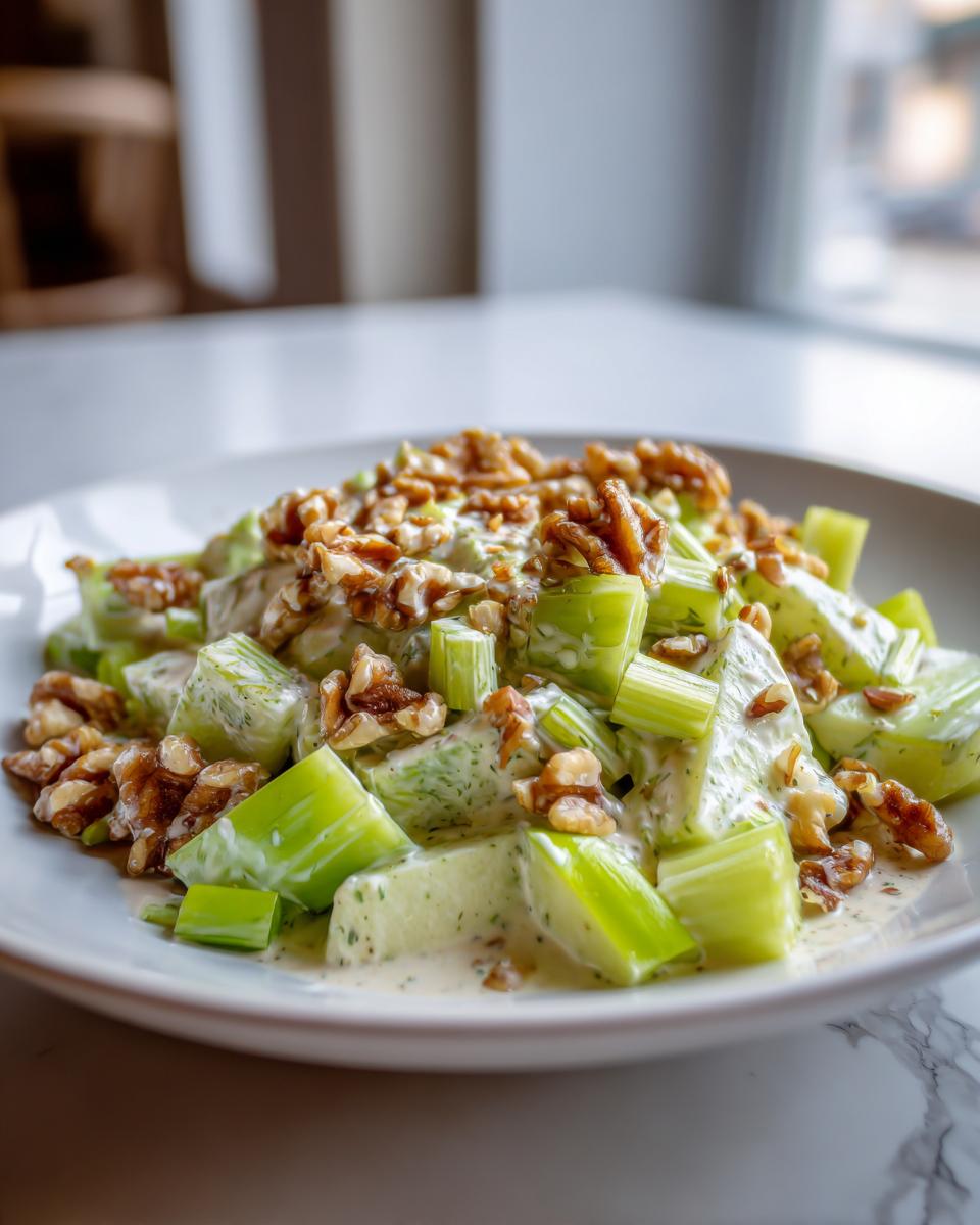 Close-up of a creamy celery salad featuring bright green celery chunks tossed in a light dressing and topped with crunchy walnuts.