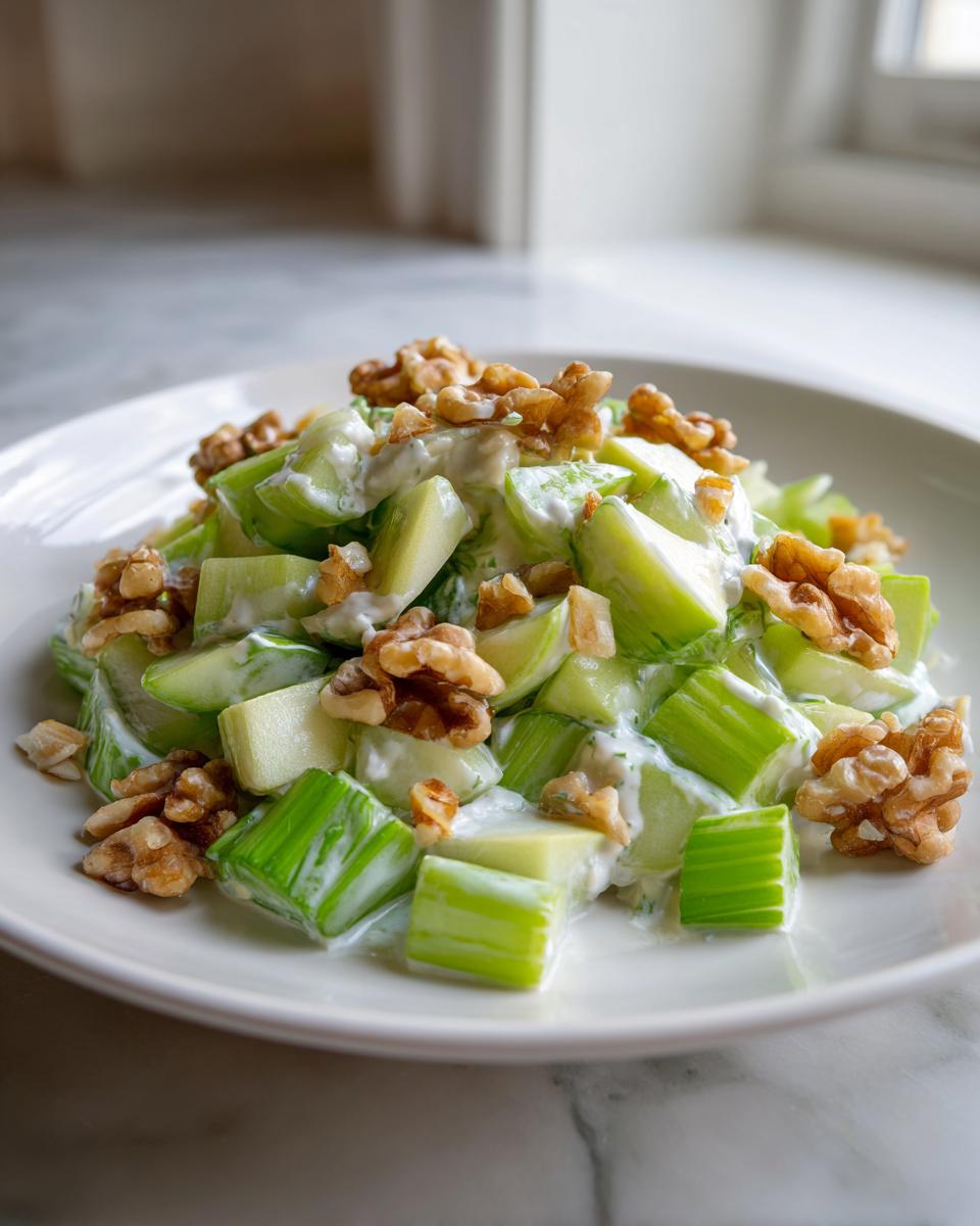 A close-up of a creamy celery salad tossed with dressing and topped generously with crunchy walnuts.