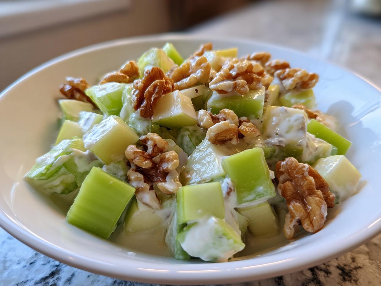 A bowl of creamy celery salad mixed with apples and topped generously with walnuts.