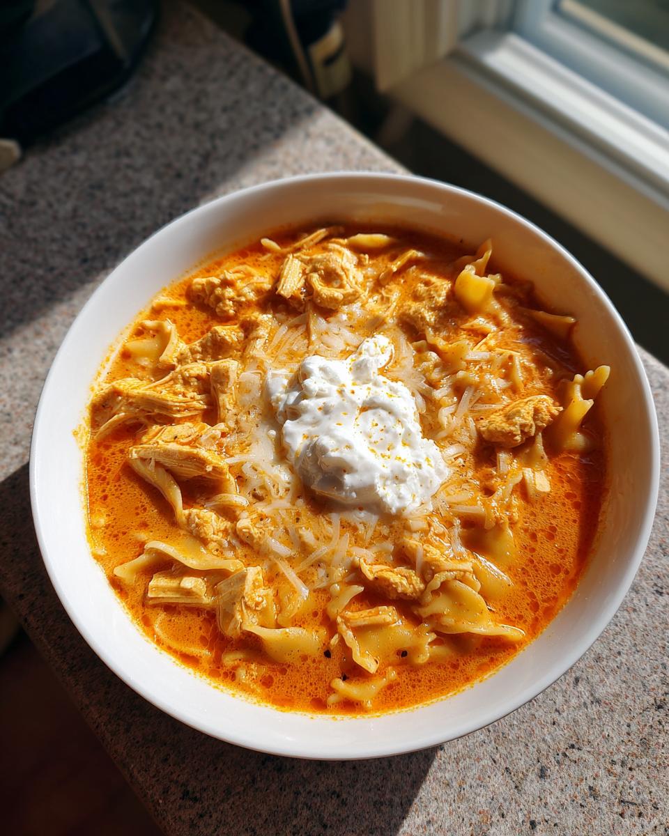 A white bowl filled with rich, orange broth, pasta, shredded chicken, and topped with ricotta cheese, representing creamy chicken lasagna soup.