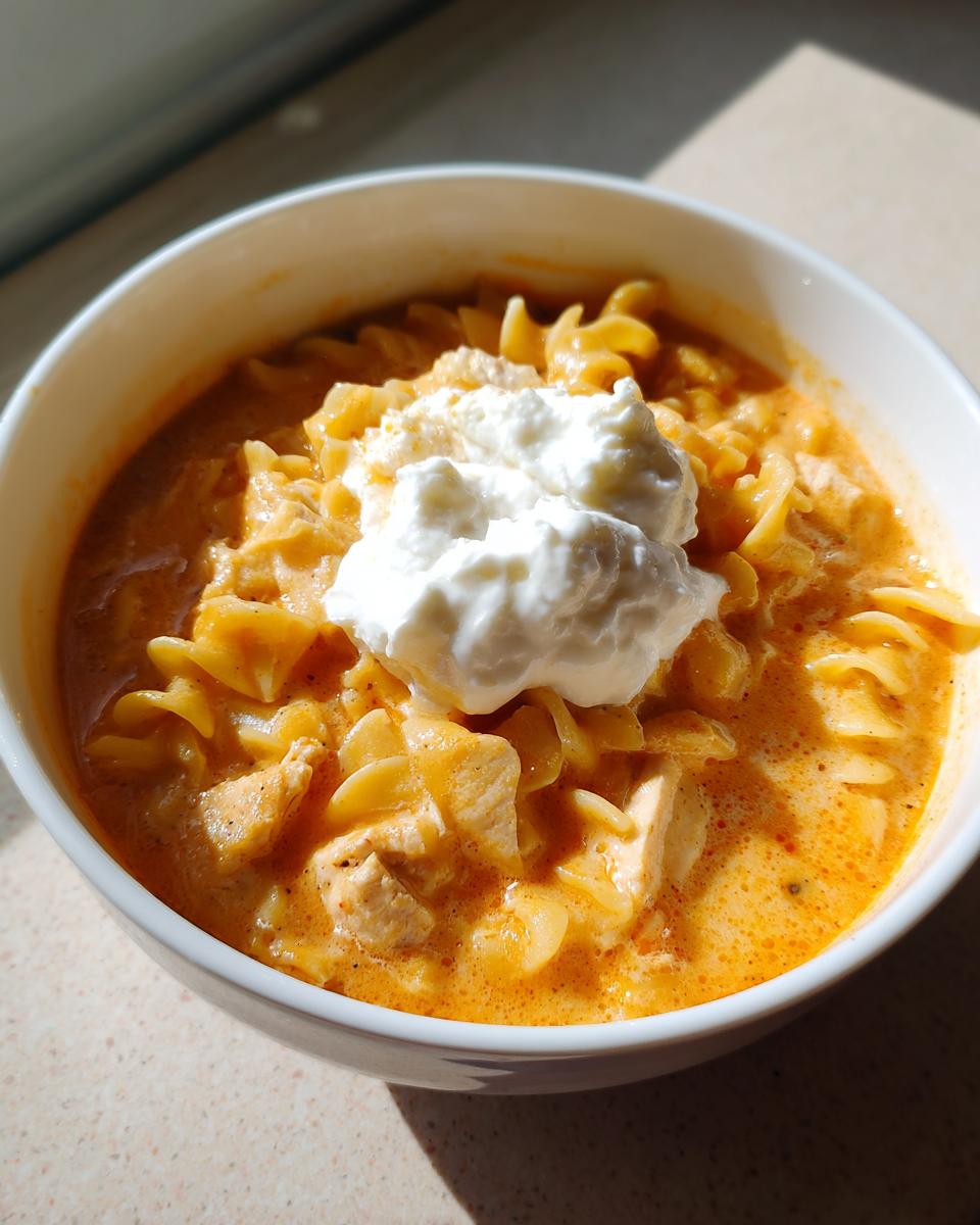 A close-up of a white bowl filled with creamy chicken lasagna soup, featuring pasta, chicken pieces, and topped with a dollop of ricotta cheese.