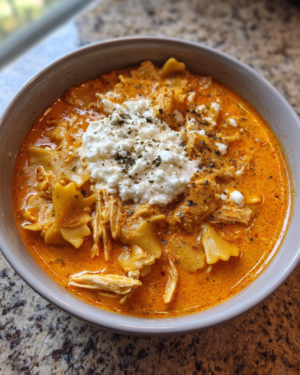 A close-up of a bowl of creamy chicken lasagna soup topped with a dollop of ricotta cheese and herbs.