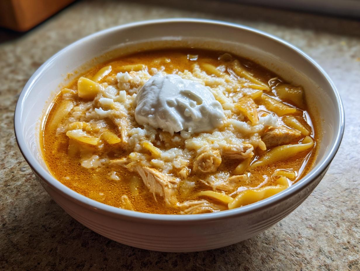 A close-up of a white bowl filled with creamy chicken lasagna soup, topped with cheese and a dollop of sour cream.