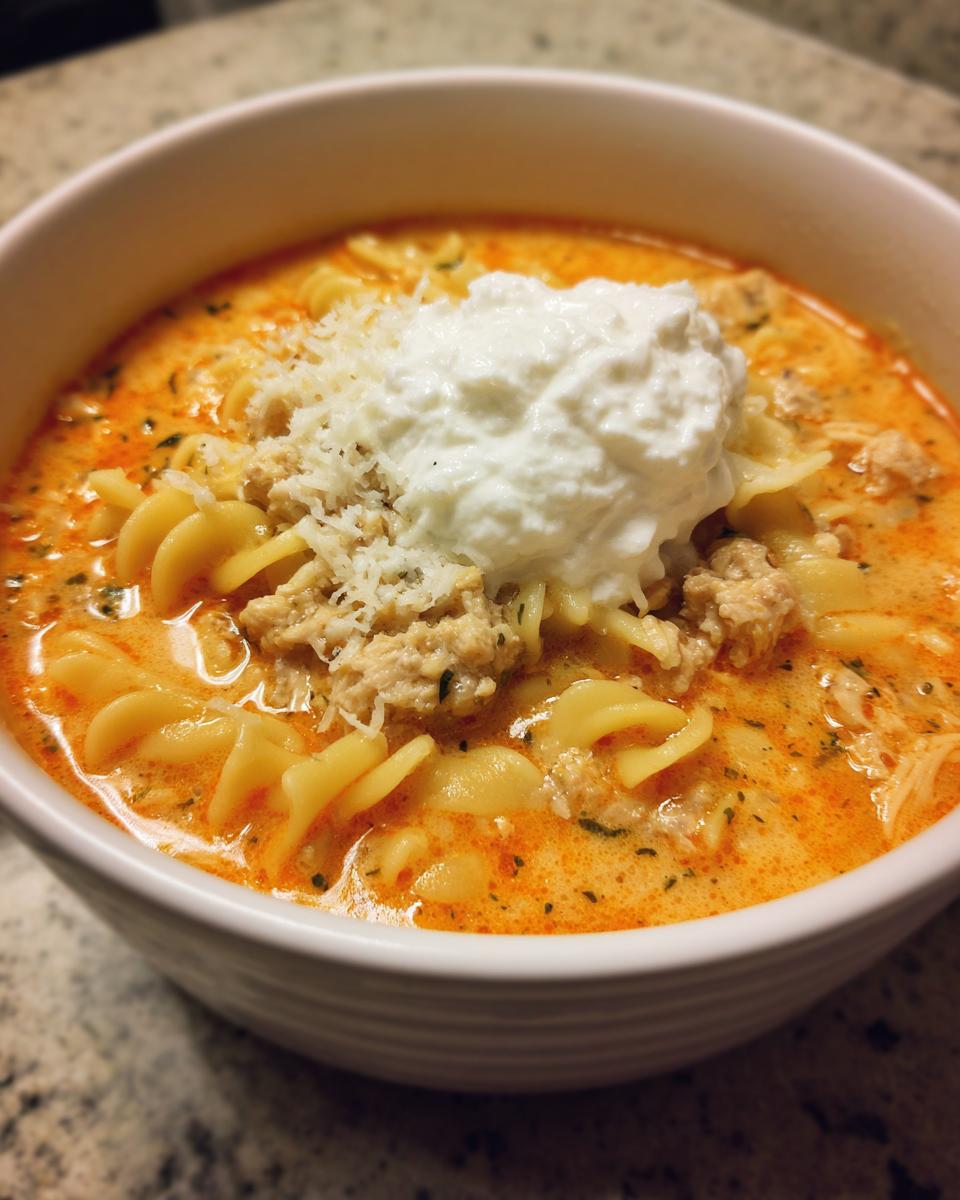 Close-up of a white bowl filled with creamy chicken lasagna soup, topped with ricotta cheese and grated parmesan.