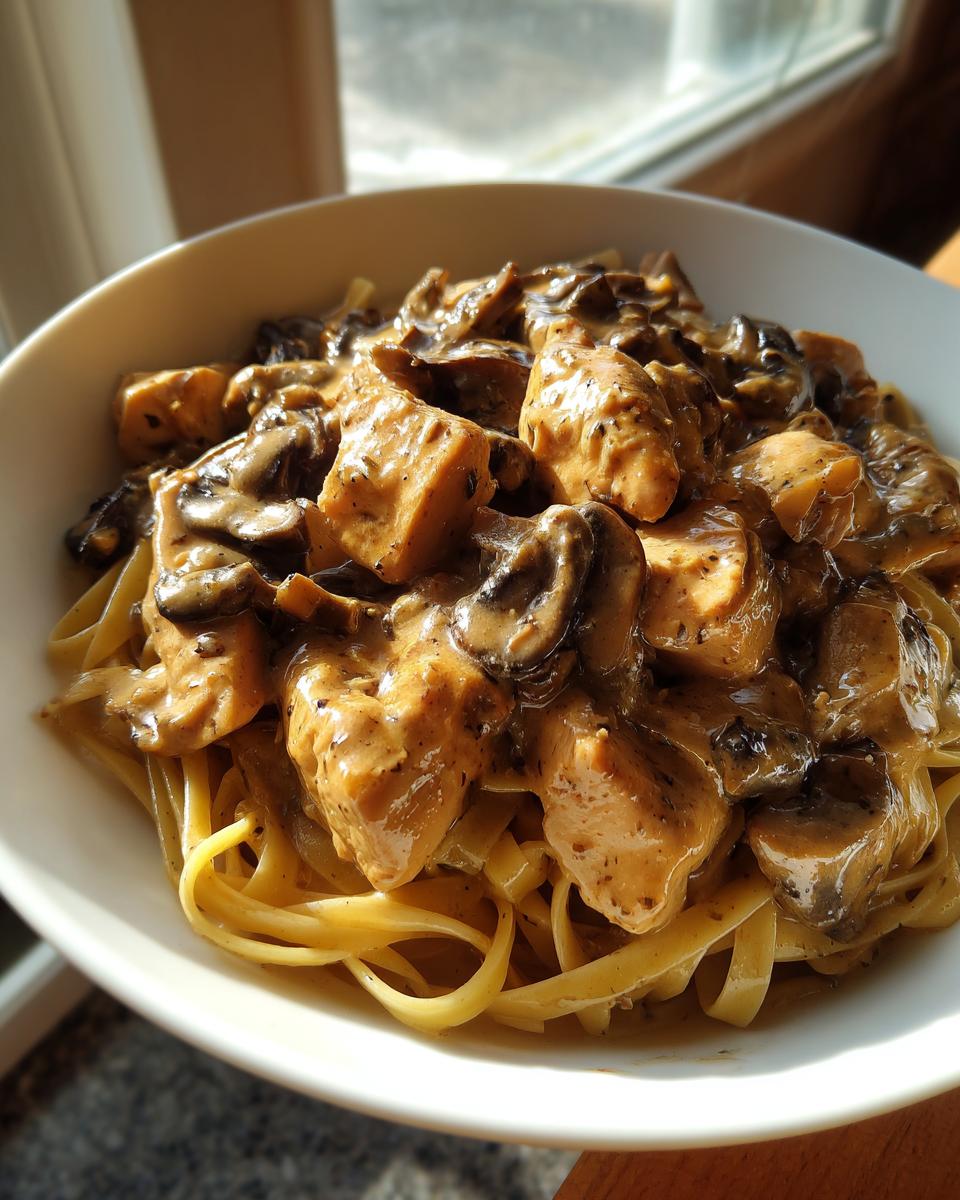 Close-up of a white bowl filled with fettuccine pasta topped with creamy sauce, diced chicken, and sliced mushrooms from chicken marsala pasta.
