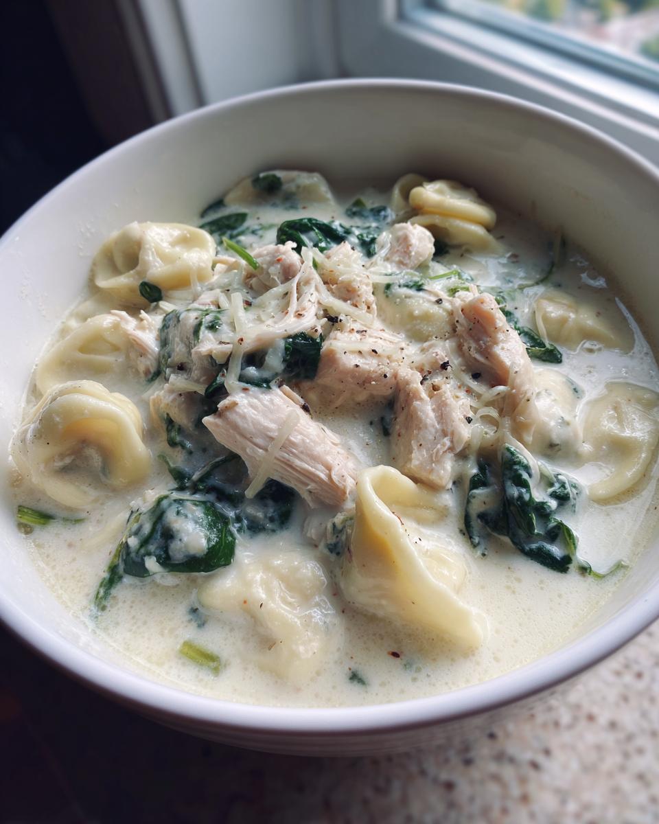 Close-up of a white bowl filled with creamy chicken tortellini soup, featuring chunks of chicken, spinach, and grated cheese.