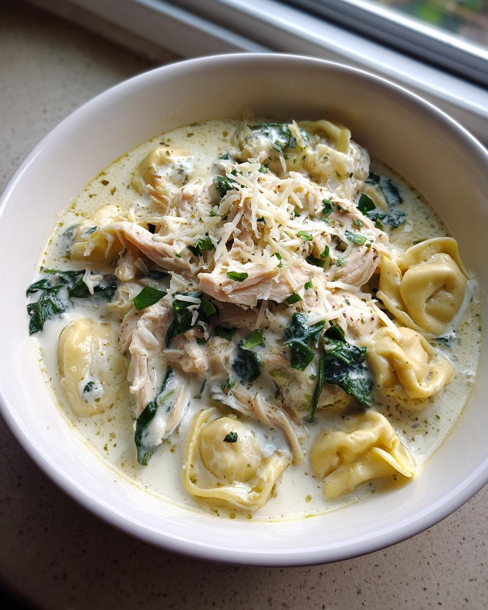 A close-up of a white bowl filled with creamy chicken tortellini soup, topped with shredded chicken, spinach, and grated Parmesan cheese.