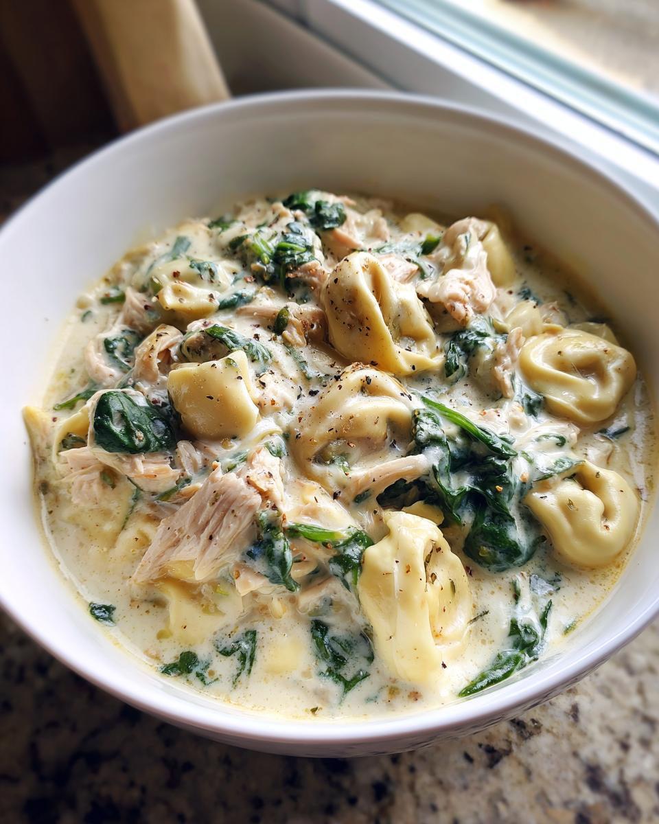 A close-up of a white bowl filled with creamy chicken tortellini soup, featuring spinach and black pepper seasoning.