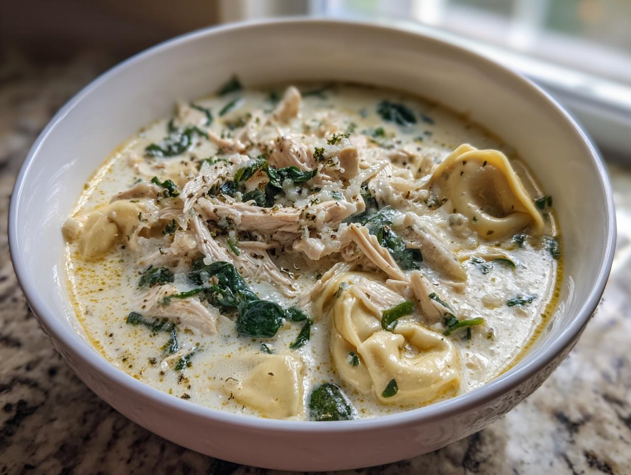 Close-up of a hearty bowl of creamy chicken tortellini soup, featuring shredded chicken, spinach, and tortellini pasta.