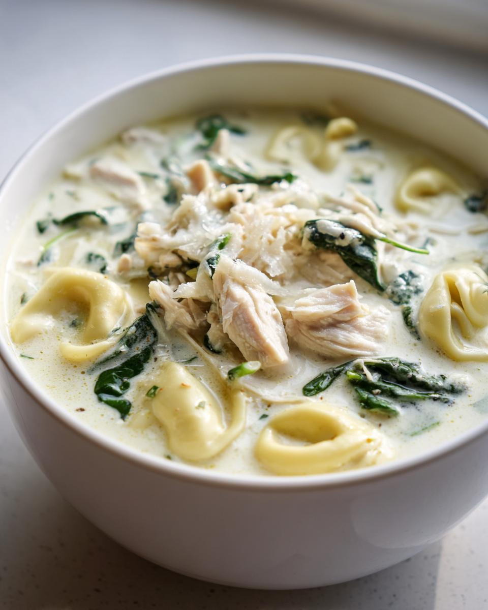 A close-up view of a hearty bowl of creamy chicken tortellini soup with shredded chicken, spinach, and cheese topping.