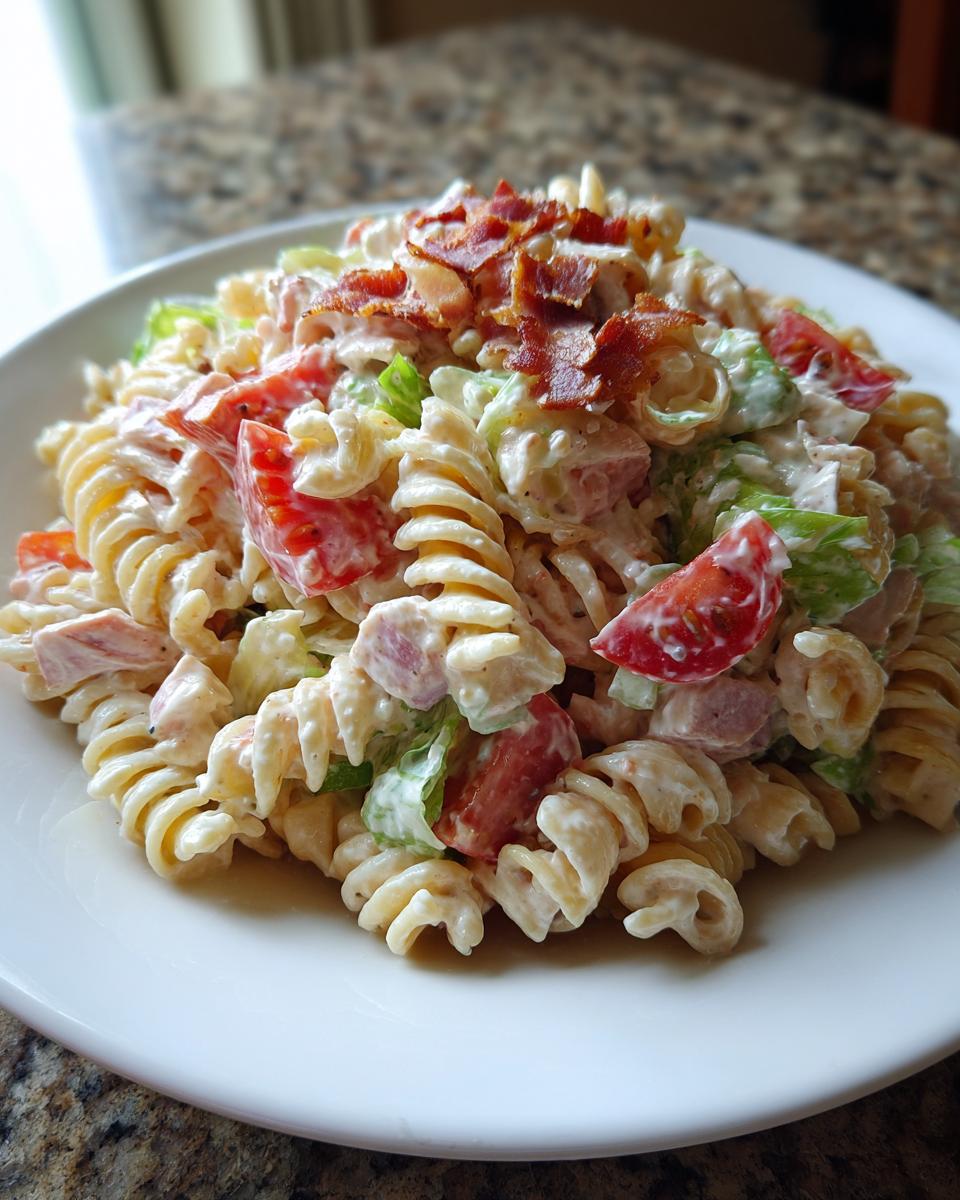 A close-up of creamy club sandwich pasta salad made with rotini pasta, tomatoes, lettuce, and topped with crispy bacon.
