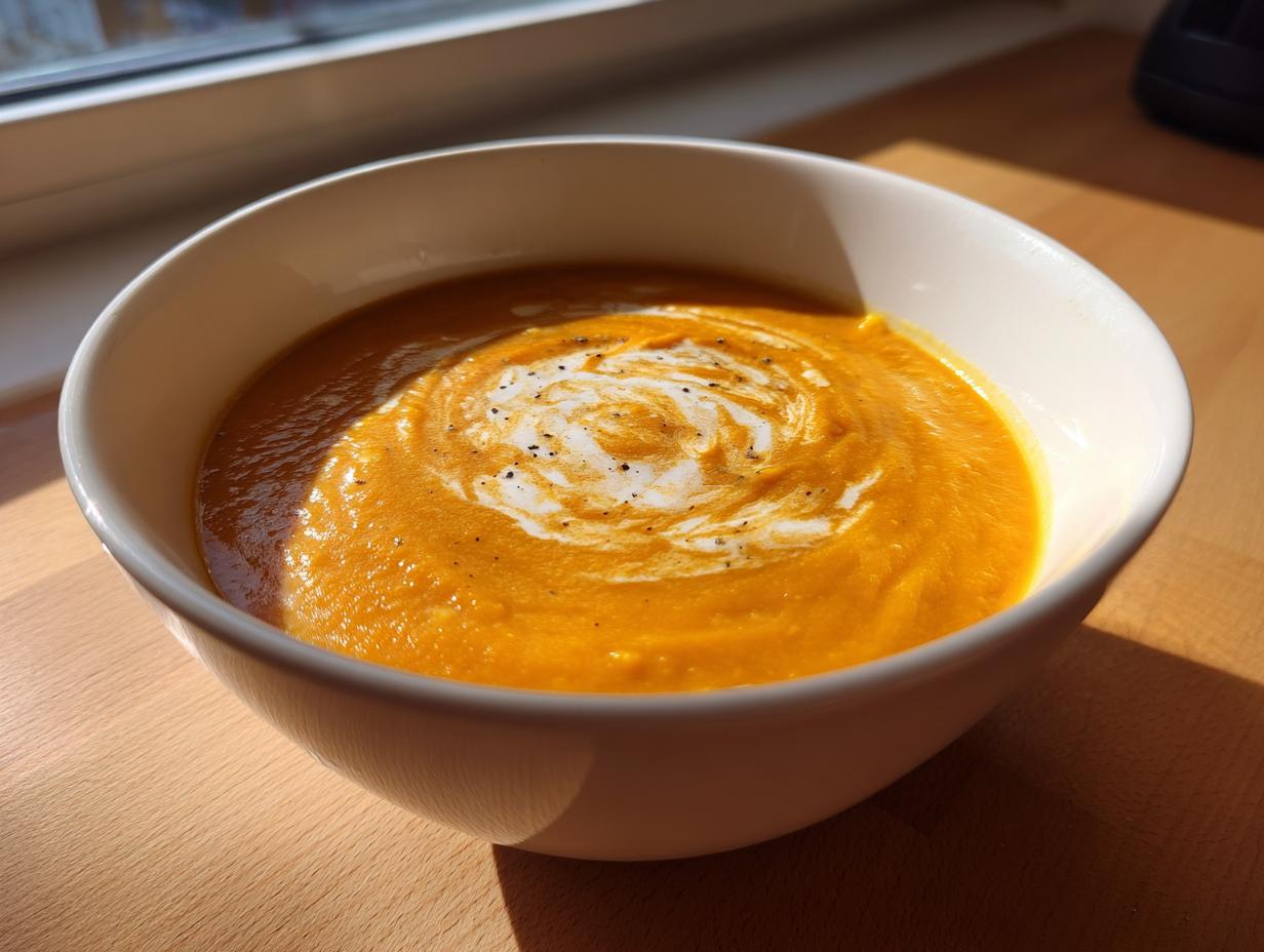 A close-up of creamy crockpot butternut squash soup garnished with a swirl of cream and pepper in a white bowl.