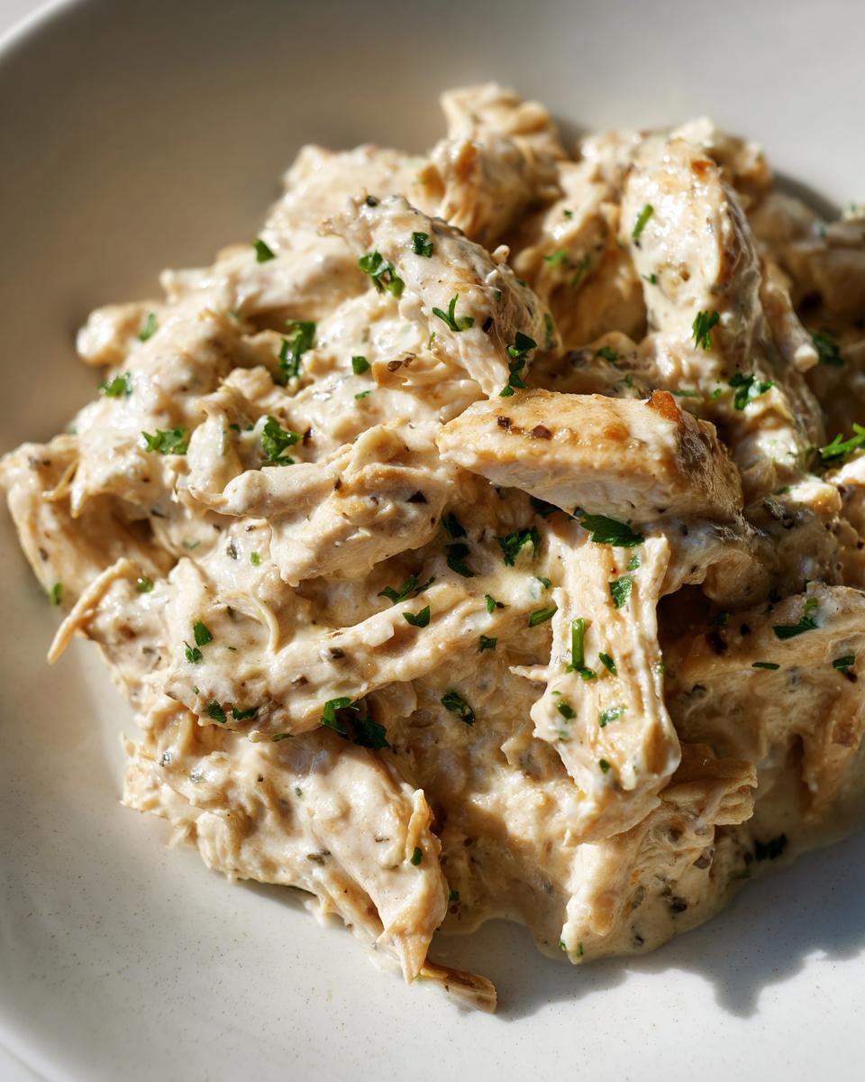 Close-up of shredded chicken coated in a creamy sauce, garnished with parsley, resembling crockpot olive garden chicken.