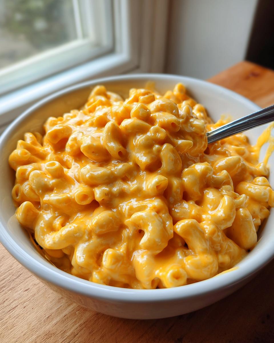 Close-up of a white bowl filled with creamy, bright orange easy homemade mac and cheese, with a spoon scooping some out.