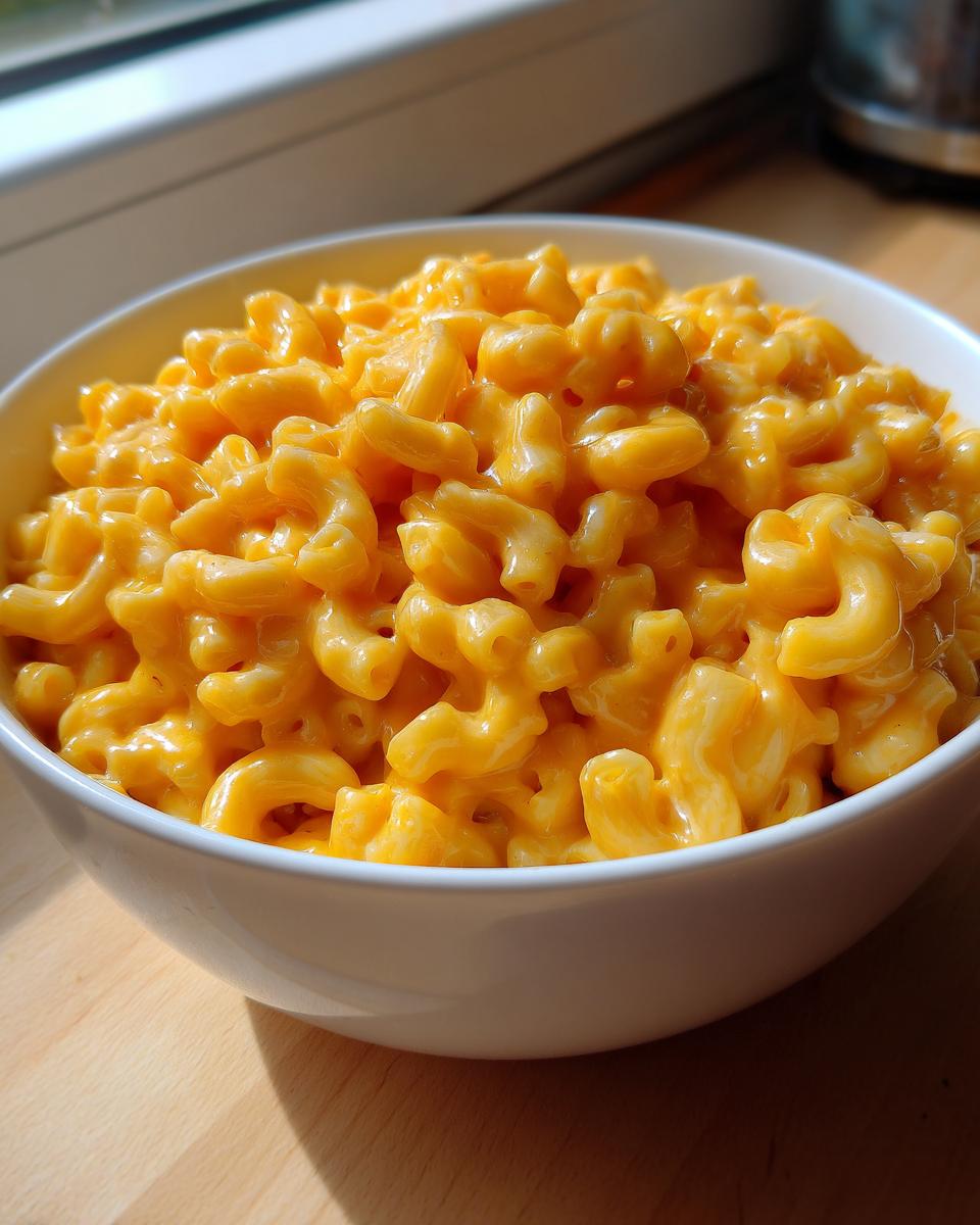 Close-up of a white bowl filled with creamy, bright orange easy homemade mac and cheese.